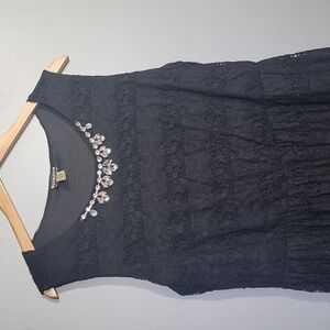 HAANI Crochet Jewel Embellished Lace Black Skater Dress